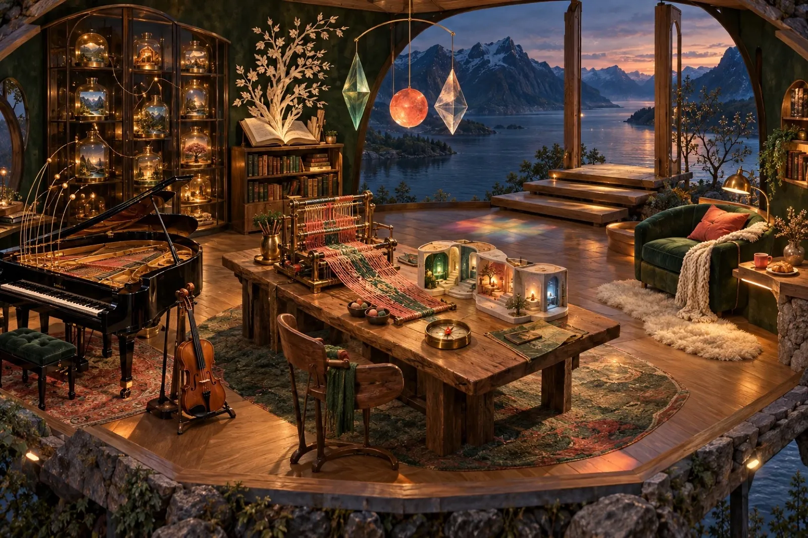 The first spirit room: a cut-away room on a stone base above a fjord at dusk, with a grand piano and violin, a cabinet of lit bell jars, a paper tree growing from a book, a brass loom and miniature arched rooms on a long table, three hanging glass forms, steps to the water and a green armchair with a blanket.
