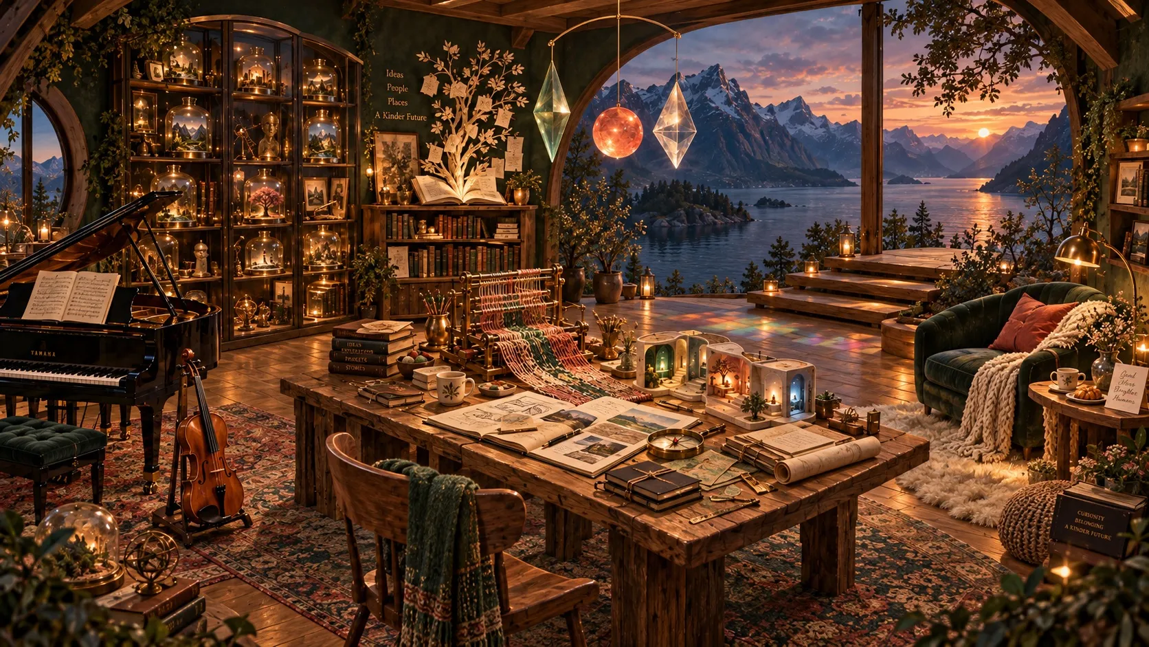 The second picture: an eye-level view of the same room, the long table in the foreground with a captain's chair, the piano at left, the cabinet and the paper tree at the back left, a wide opening onto a fjord at sunset, and the armchair at right.