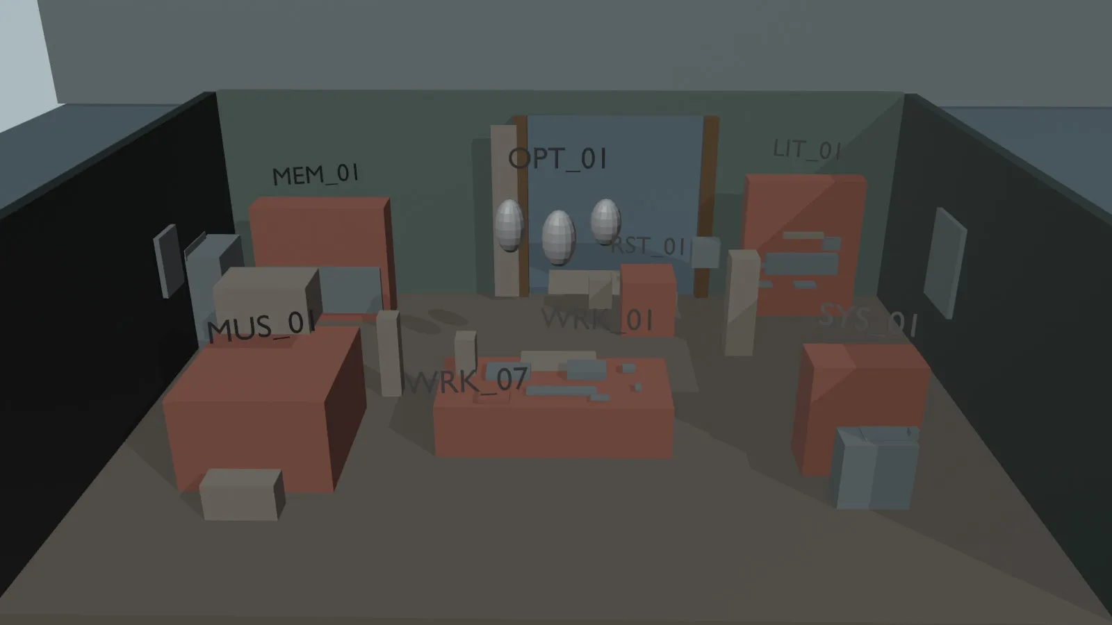 A raw gray-and-coral block model of the room seen from high above, with object IDs as labels.