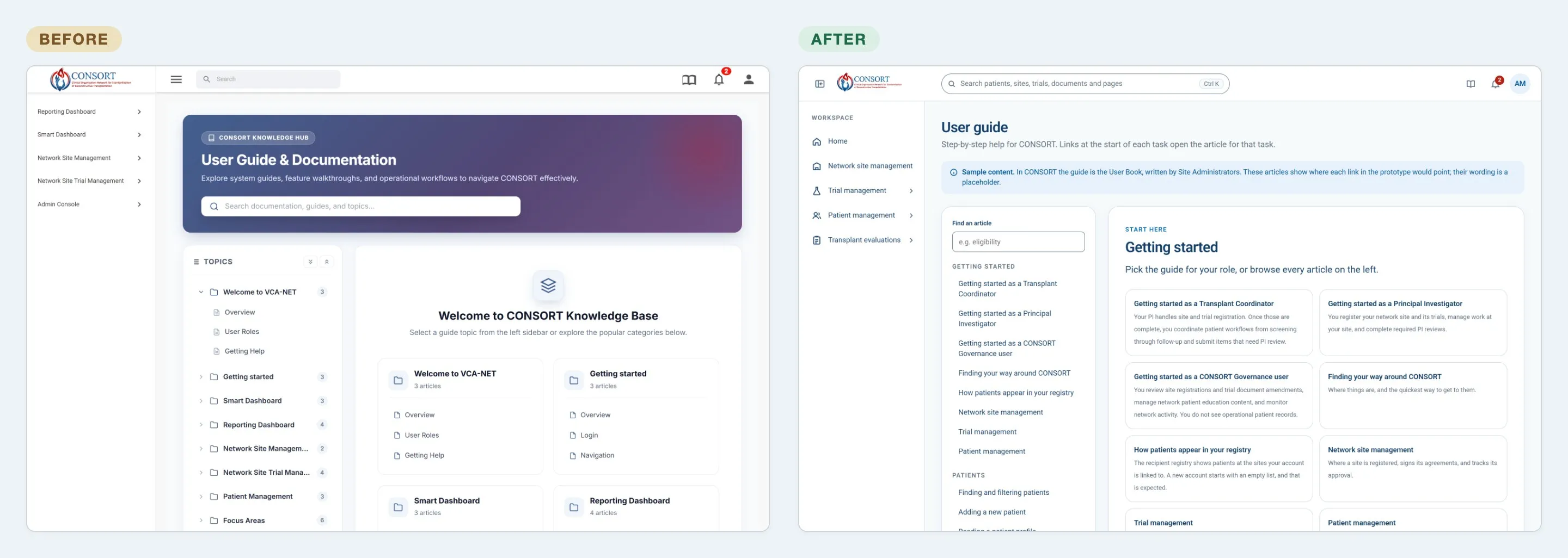 The user guide before and after: a separate knowledge hub in the live app, beside the prototype's guide opening on role-based getting started articles.