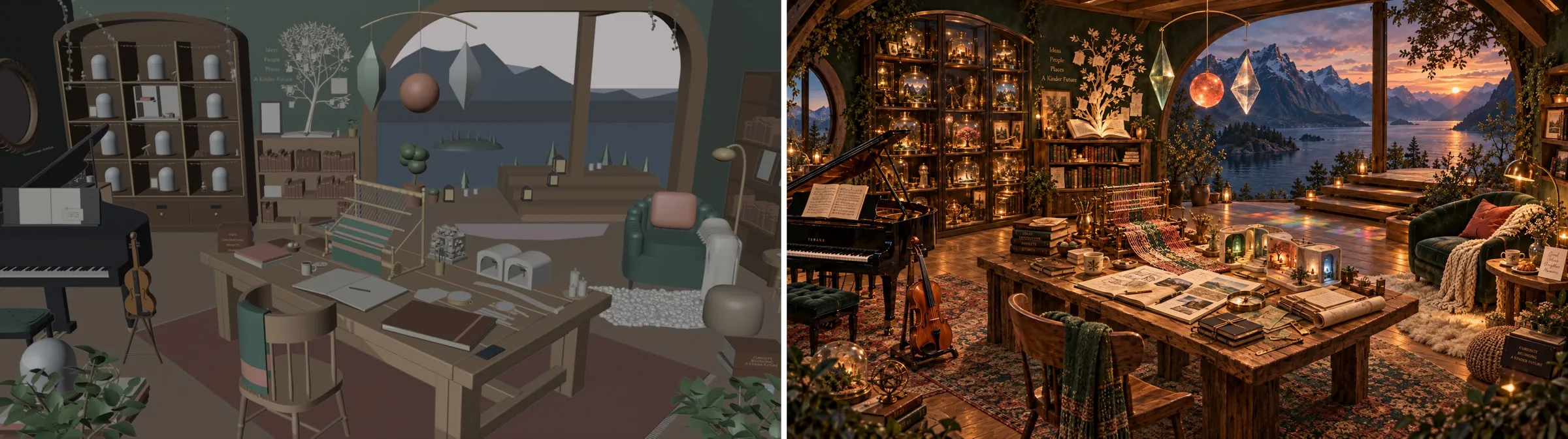 Side by side: the gray whitebox render on the left and the reference picture on the right, with matching composition.