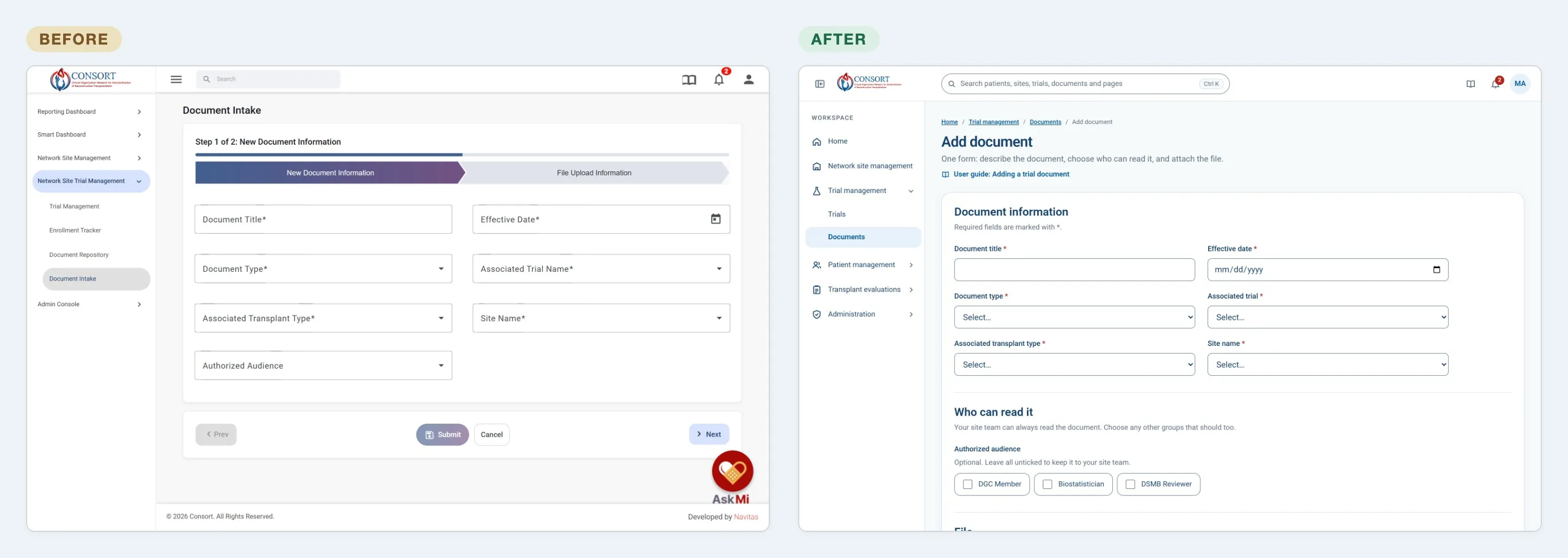 Adding a document before and after: a two-step wizard in the live app, beside the prototype's single form.