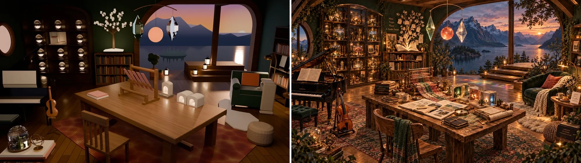 Side by side: the first Cycles render of the room, sparse and dim, beside the reference picture.