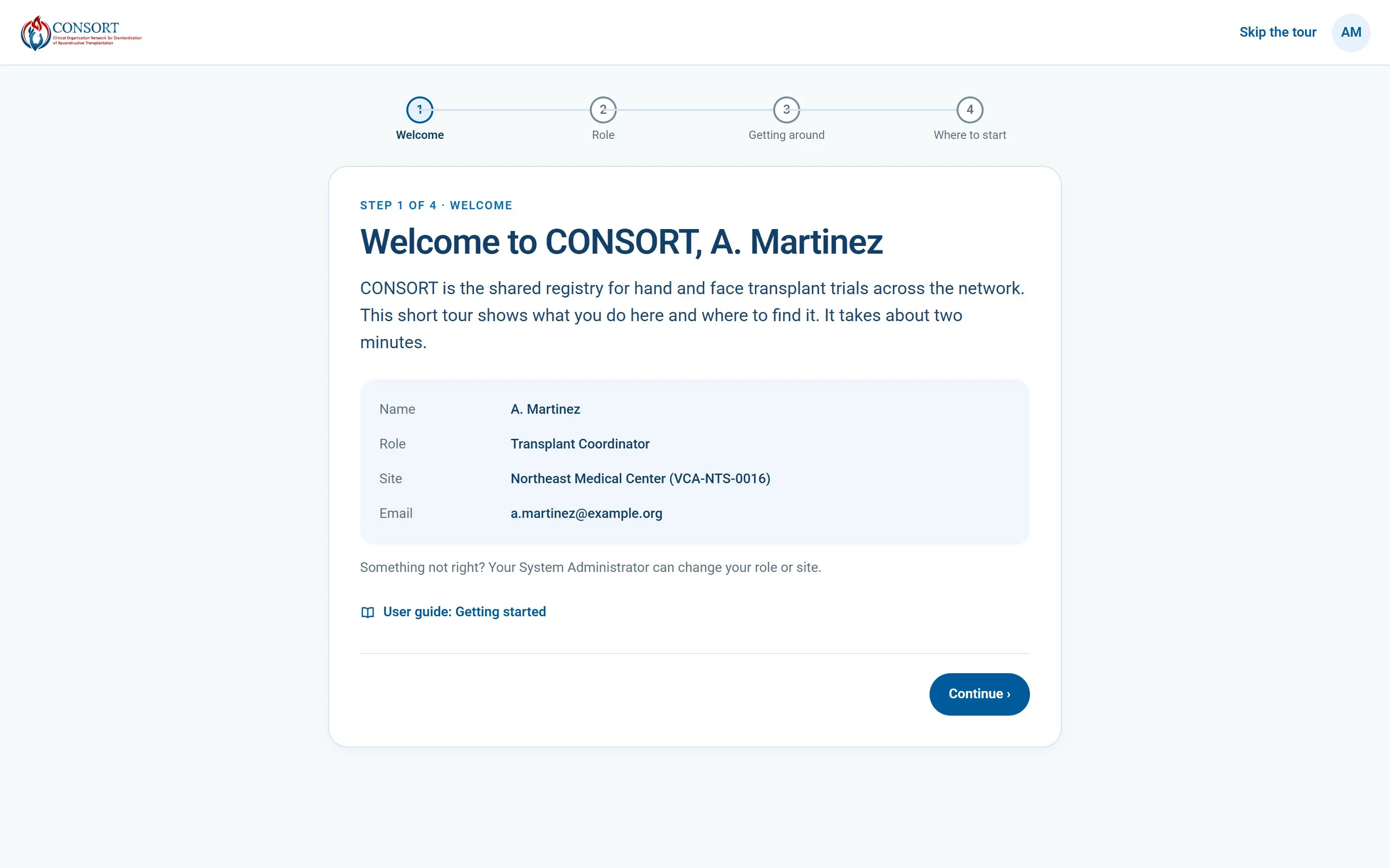 The getting started tour shown on first sign-in, confirming the person's name, role and site.