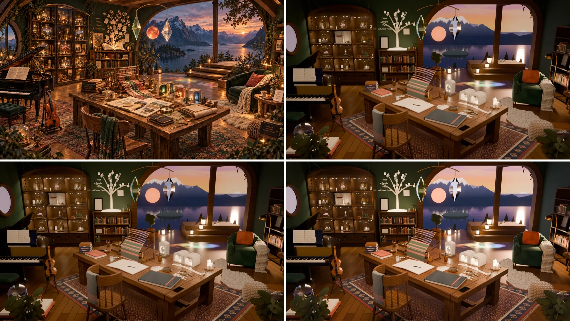 Four renders in a grid: the reference at top left and three lit versions of the room.