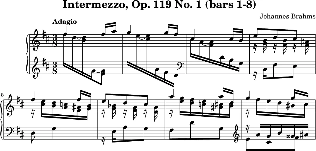 The first eight bars of Brahms's Intermezzo Op. 119 No. 1, engraved.