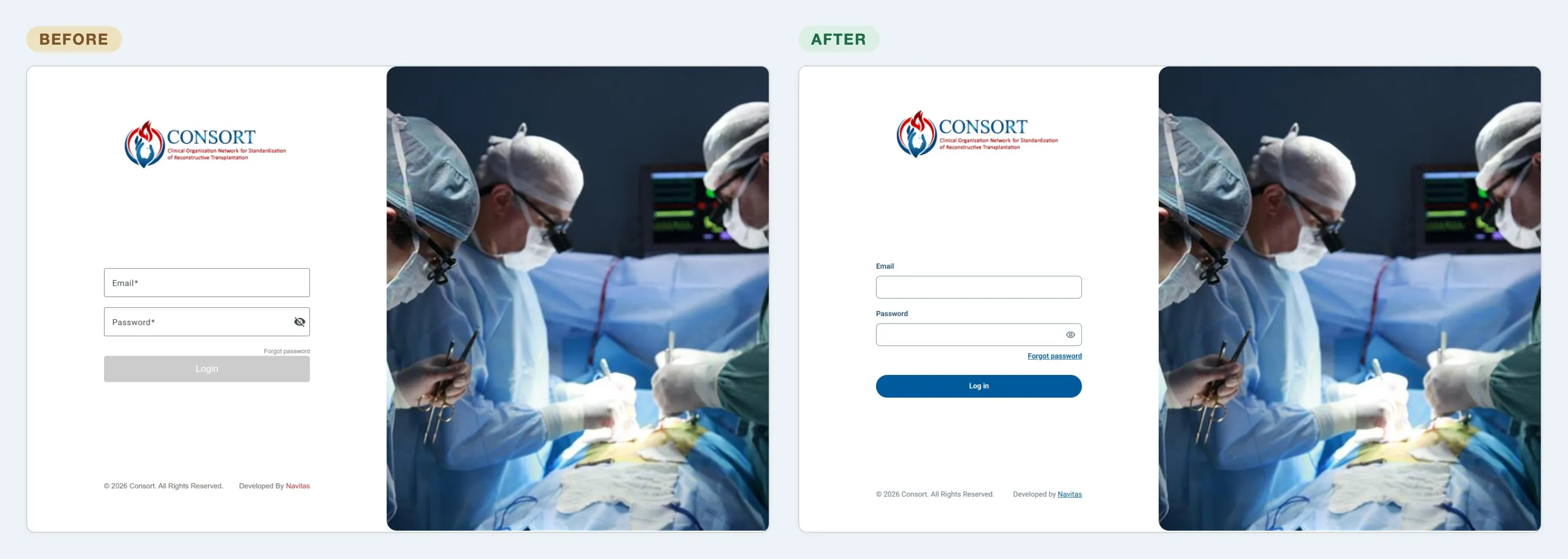 Sign-in before and after: the same layout, now with the new colors, type and labeled fields.