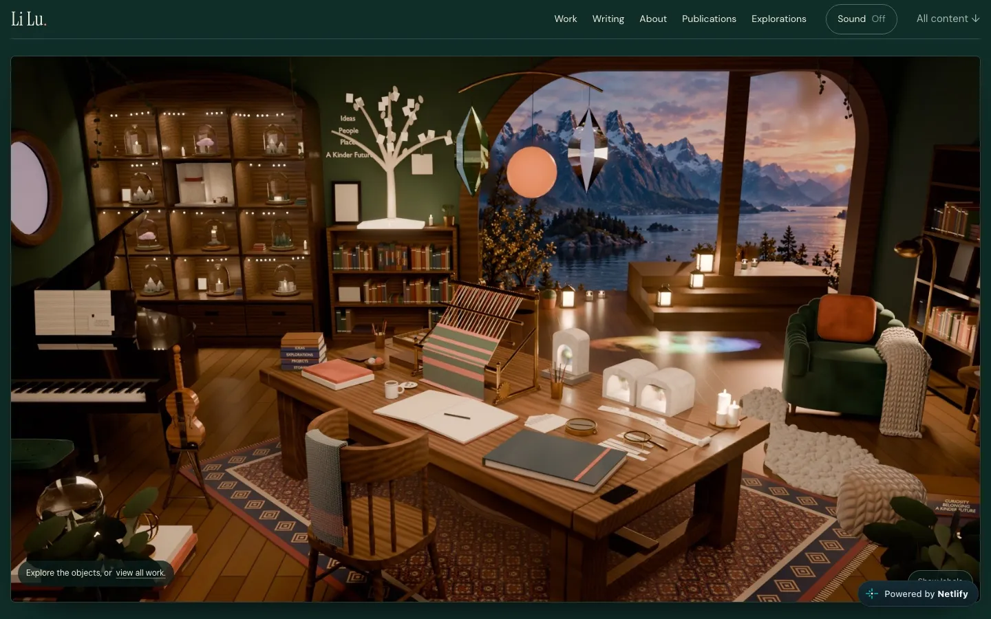 The live homepage: the lit room with the site's menu above it, a Sound button showing Off, and a hint in the corner reading "Explore the objects, or view all work."