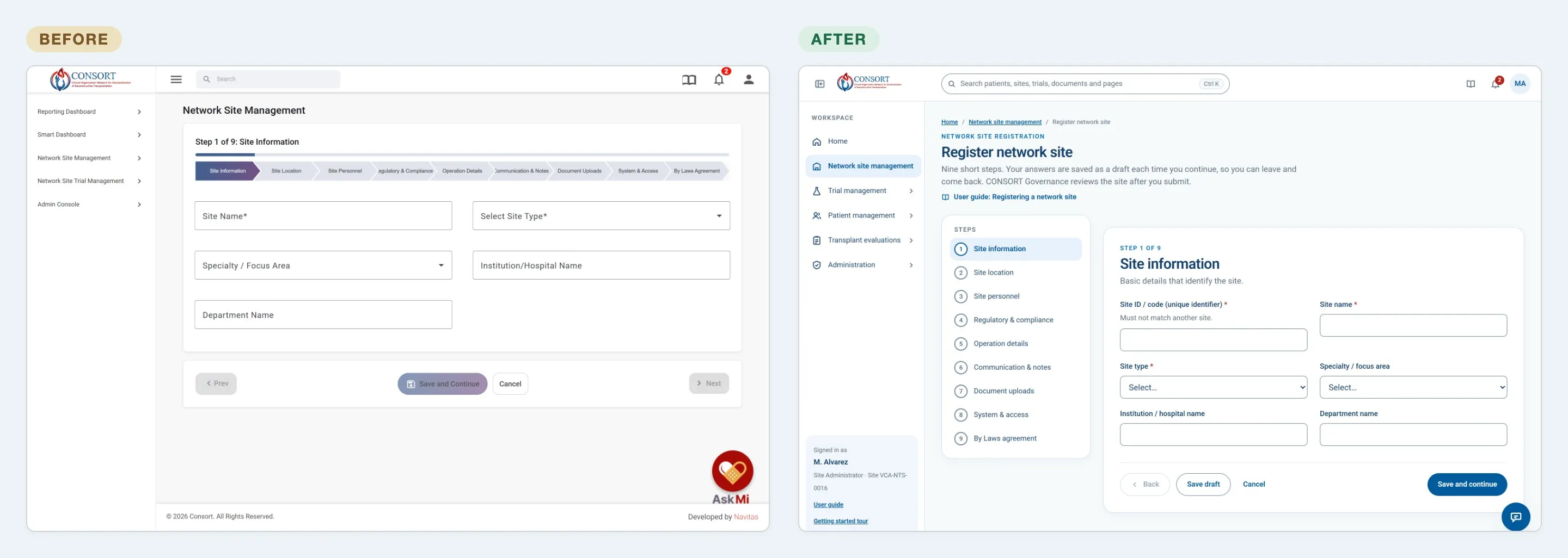Site registration's step indicator before and after: a chevron bar with truncated step names, beside a numbered list showing all nine steps.