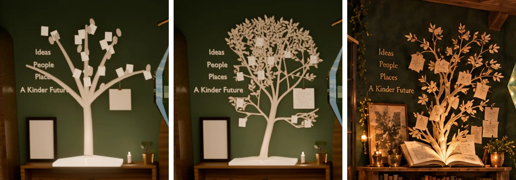 Three crops of the book tree: the old version with thick branches and square cards, the rebuilt paper-cut tree with leaves and pinned notes, and the reference.