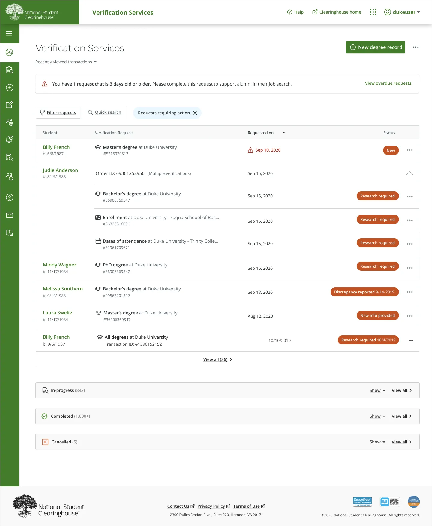Verification Services transaction index for a school user, listing requests with statuses such as New, Research required, and Discrepancy reported