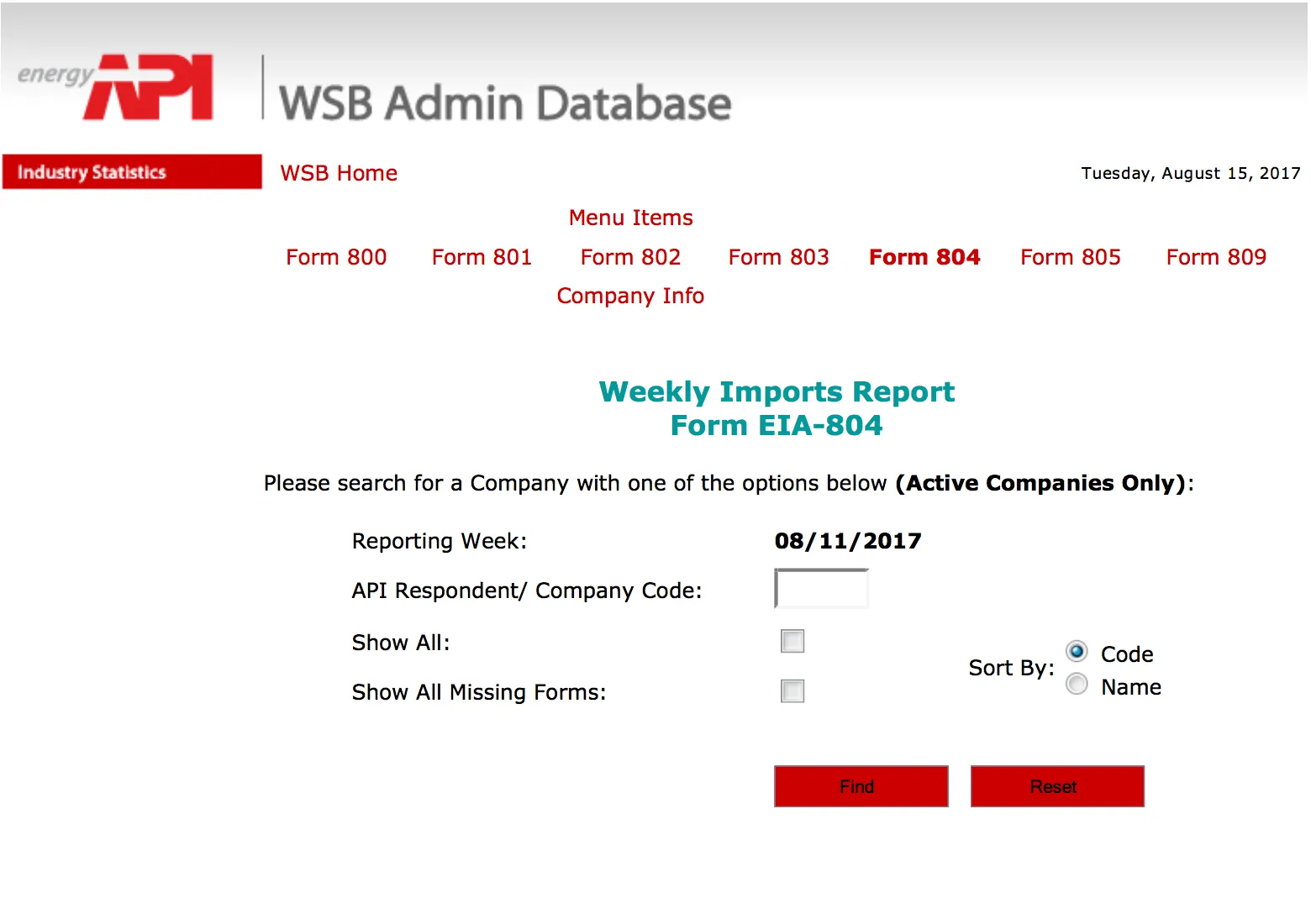 Legacy WSB Admin Database interface: plain form-number links and a bare company search form for the Weekly Imports Report
