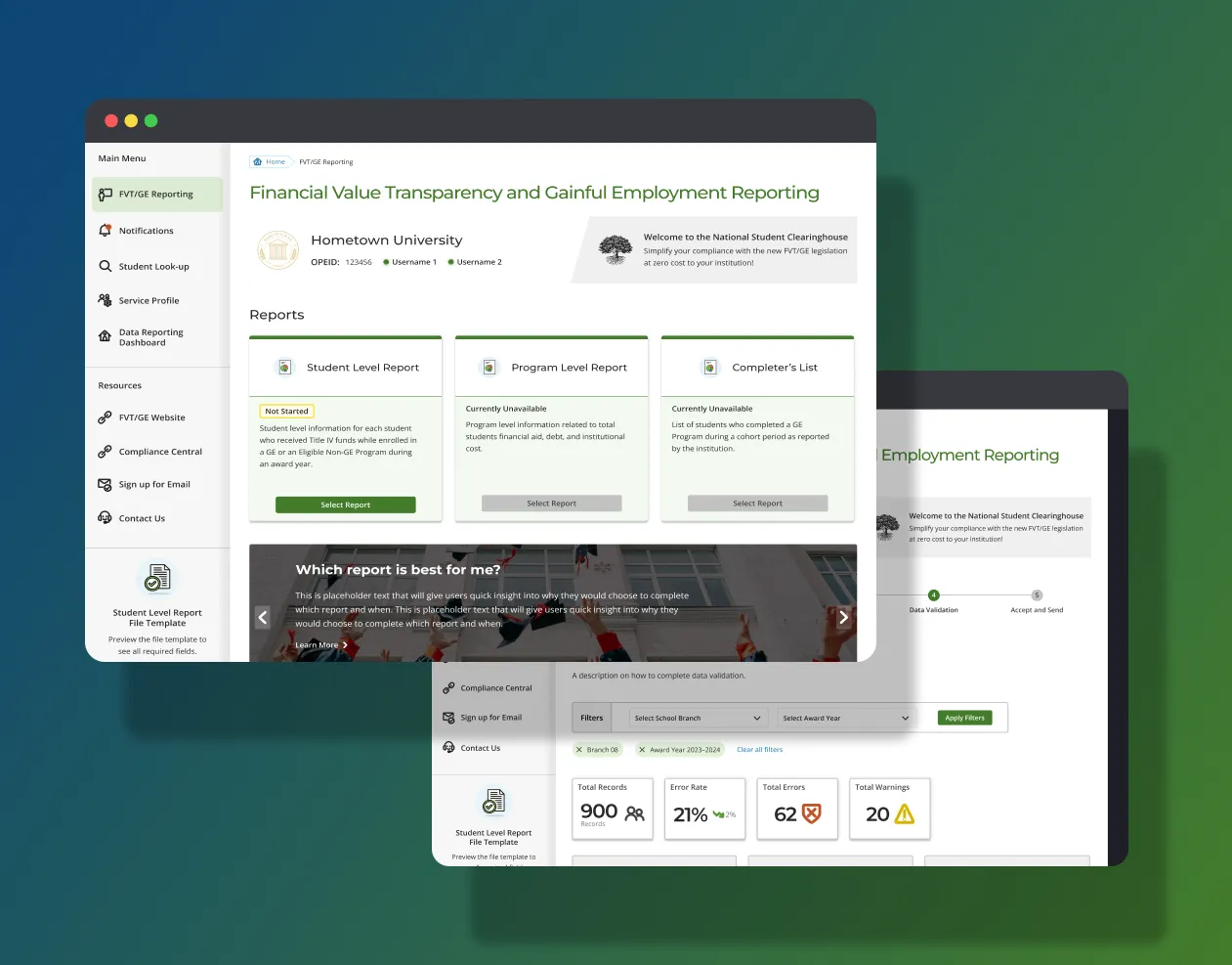 FVT/GE reporting home for a school: report cards for Student Level Report, Program Level Report, and Completer’s List, with data-validation metrics on a second screen