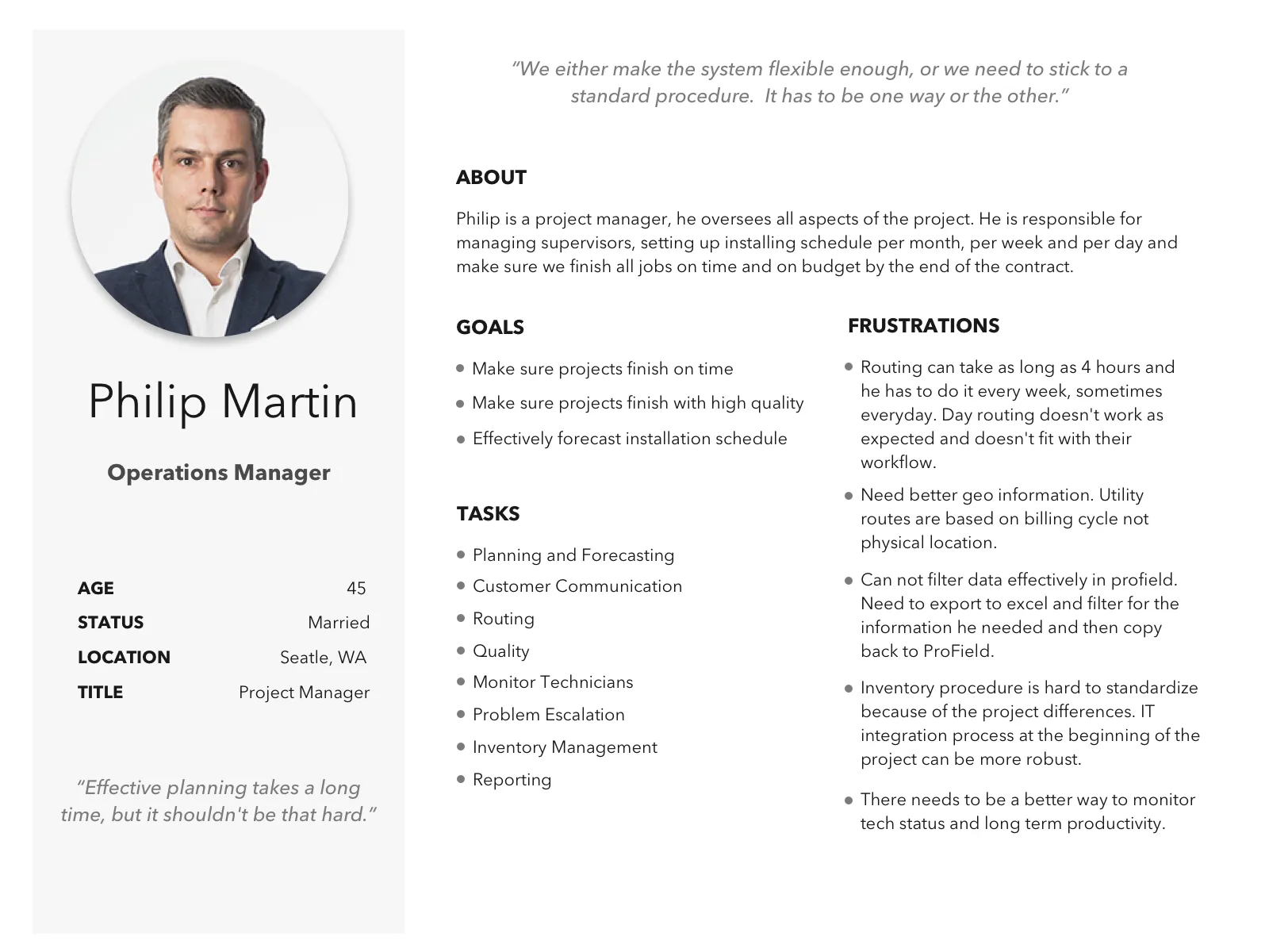 Persona: Philip Martin, Operations Manager (also titled Project Manager) — oversees the project, wants jobs finished on time and on budget, frustrated by slow weekly routing and weak data filtering in ProField