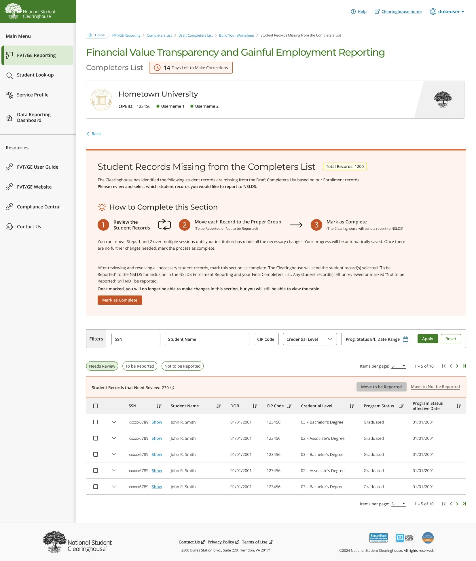 Completers List review screen: how-to-complete steps educate in context, followed by filters and a student-records table with Needs Review, To be Reported, and Not to be Reported groups