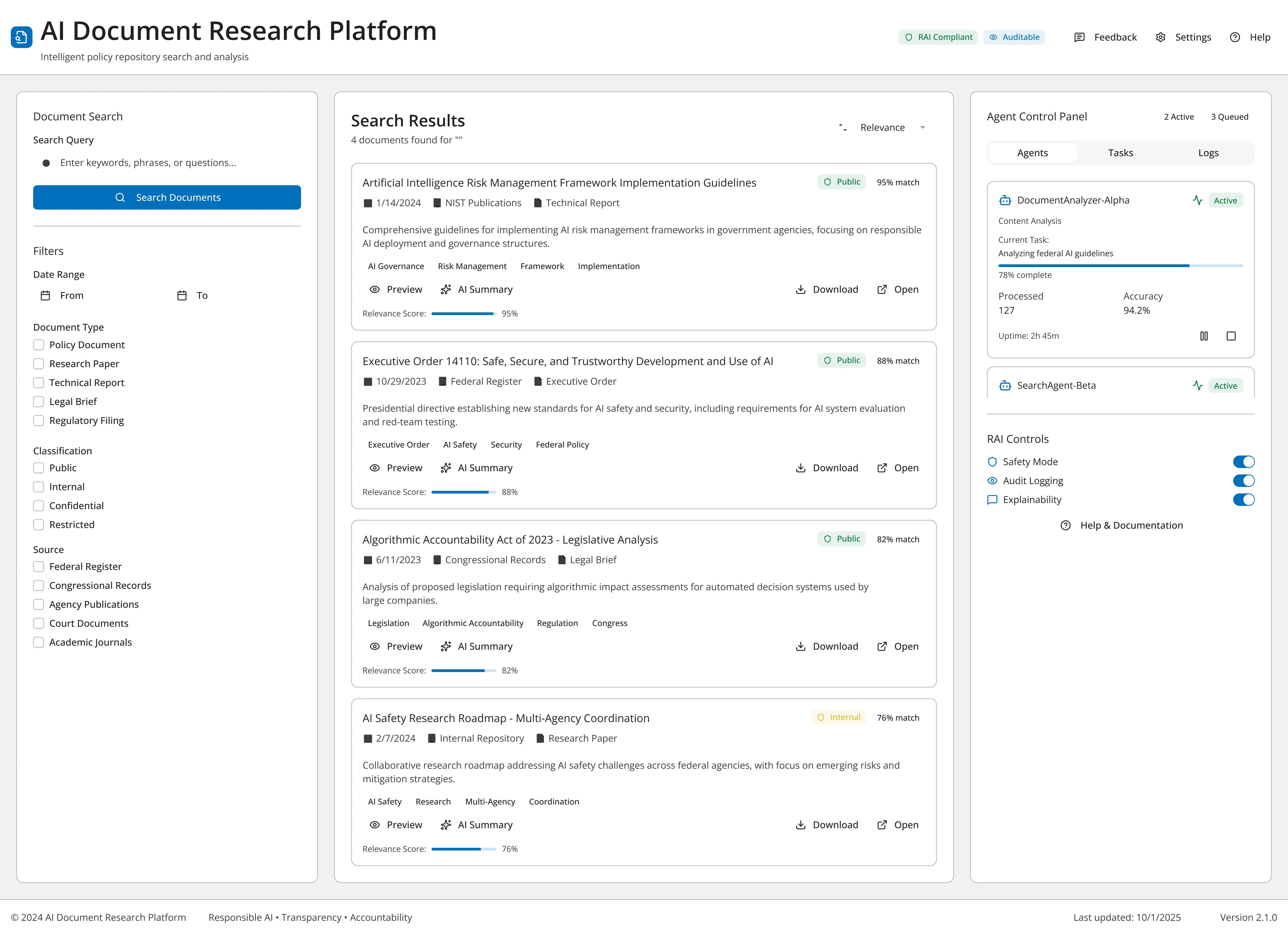 Agentic document research dashboard: search filters, document results with relevance scores, and an agent control panel with task queue and logs