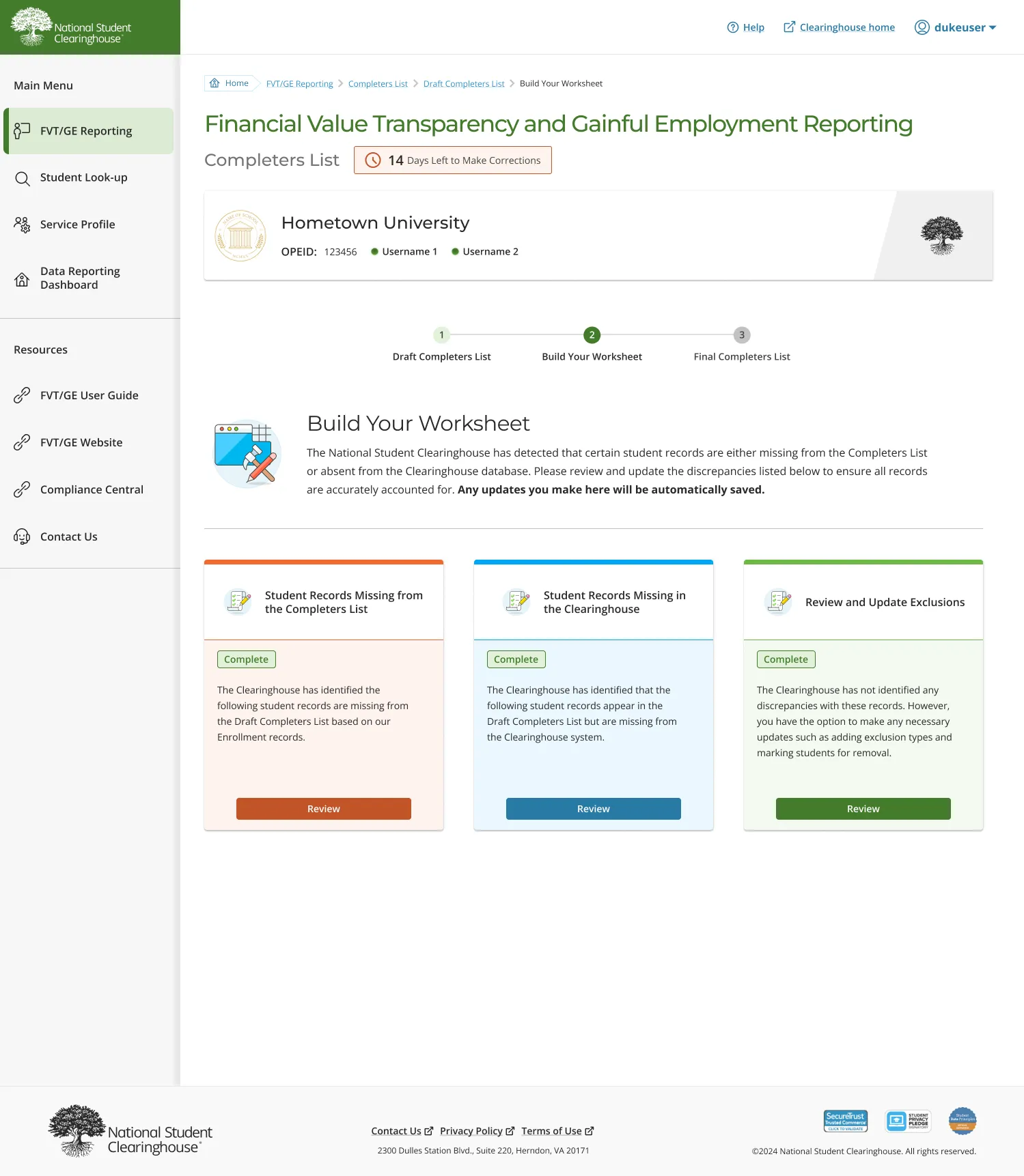 Build Your Worksheet step with a three-step progress bar and three review cards for record discrepancies, each marked Complete