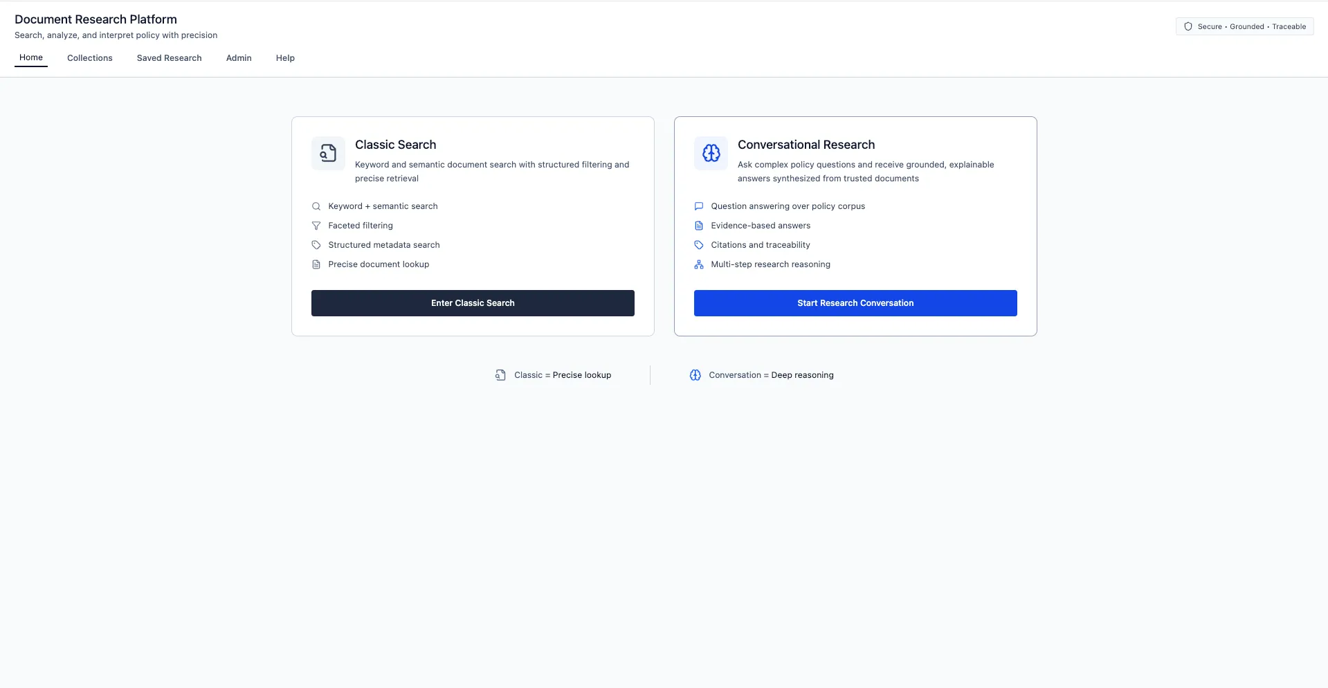 Platform home offering two entry points: Classic Search for precise lookup and Conversational Research for deep reasoning