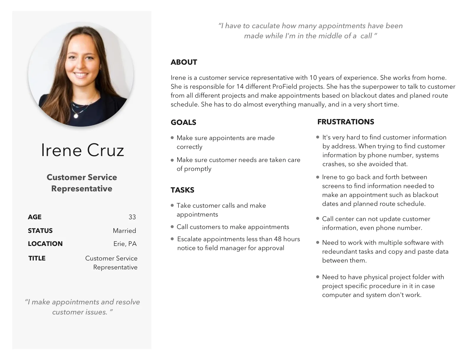 Persona: Irene Cruz, Customer Service Representative — books appointments across 14 projects from home, frustrated by slow customer lookup, screen switching, and redundant manual data entry