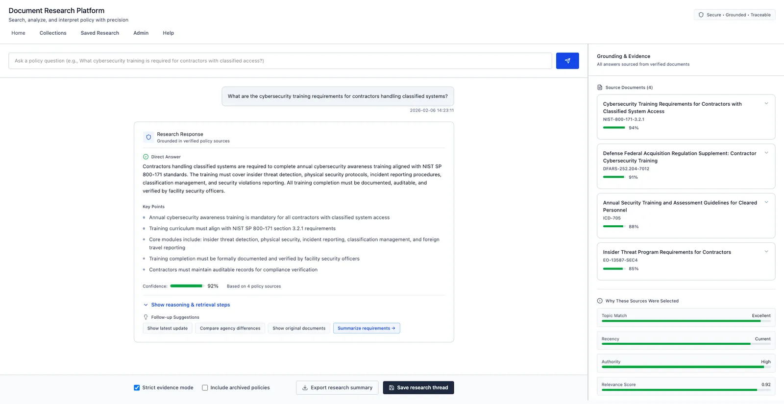 Research response with a direct answer, key points, confidence, and a grounding and evidence panel of ranked source documents.