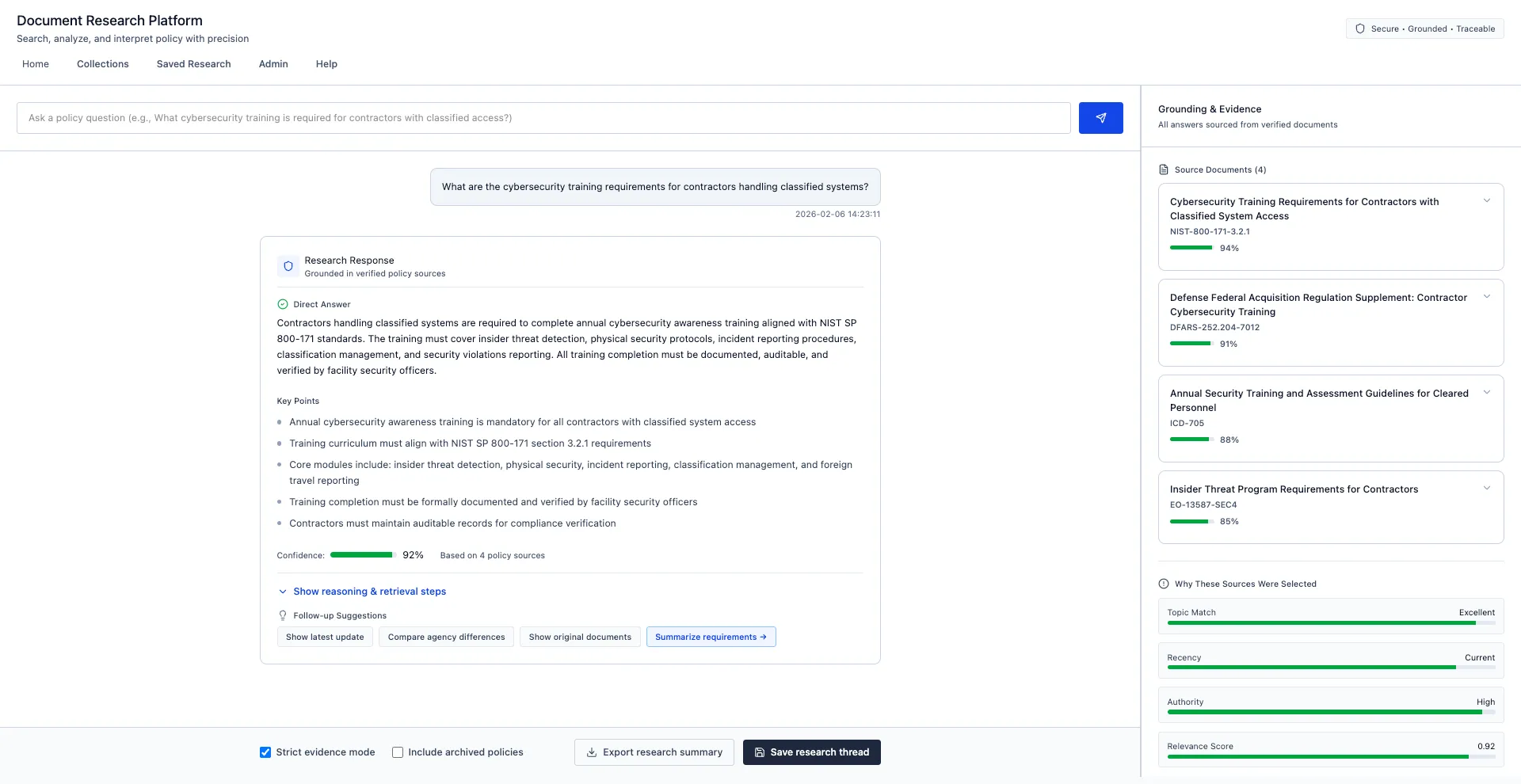 Research response with a direct answer, key points, confidence score, and a Grounding & Evidence panel of ranked source documents