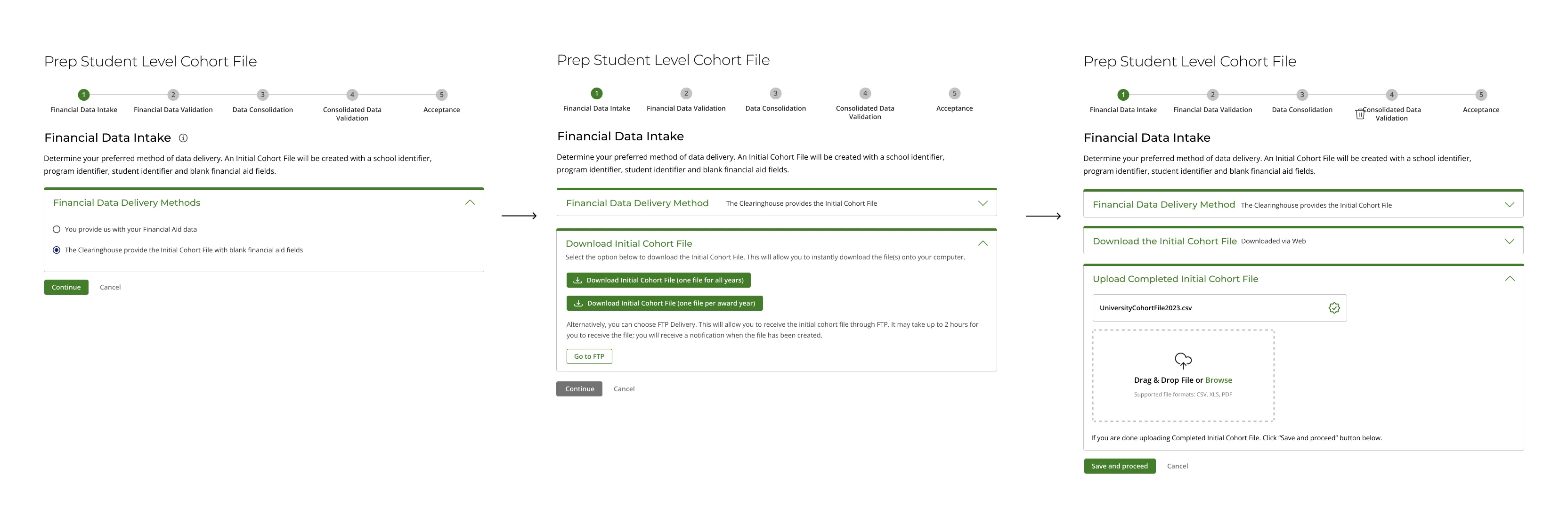 First-draft data intake flow: five-step stepper with accordion substeps for delivery method, cohort file download, and upload