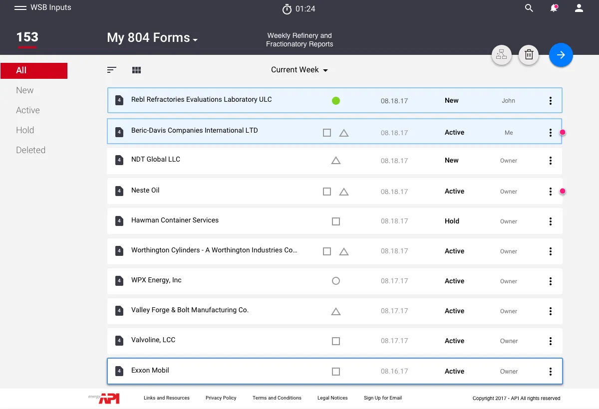 Redesigned form inbox listing companies with completion percentages, statuses, and a countdown to collection close
