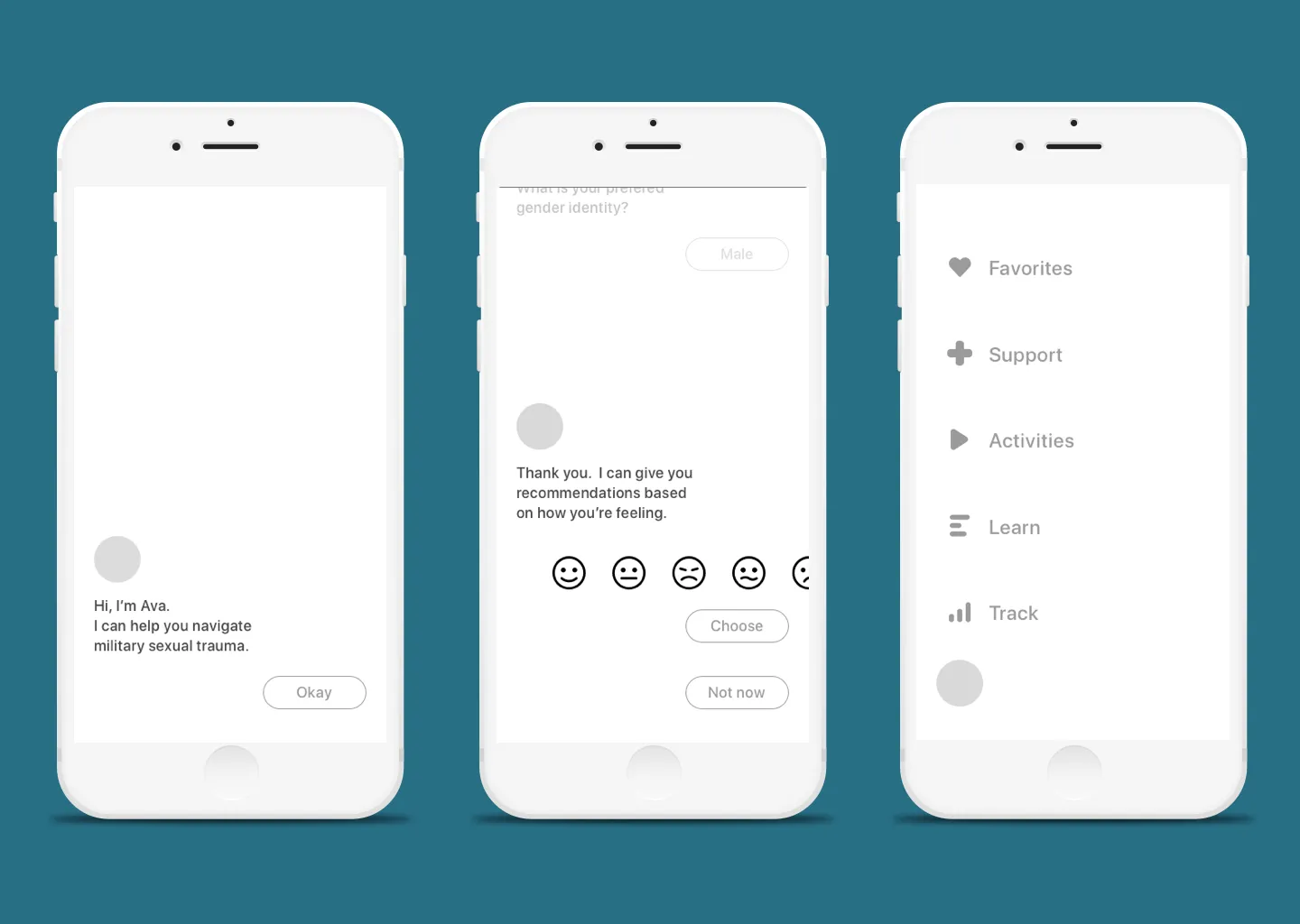 Companion concept wireframes: Ava the assistant introduces itself, asks onboarding questions, and offers mood-based recommendations beside a simple menu