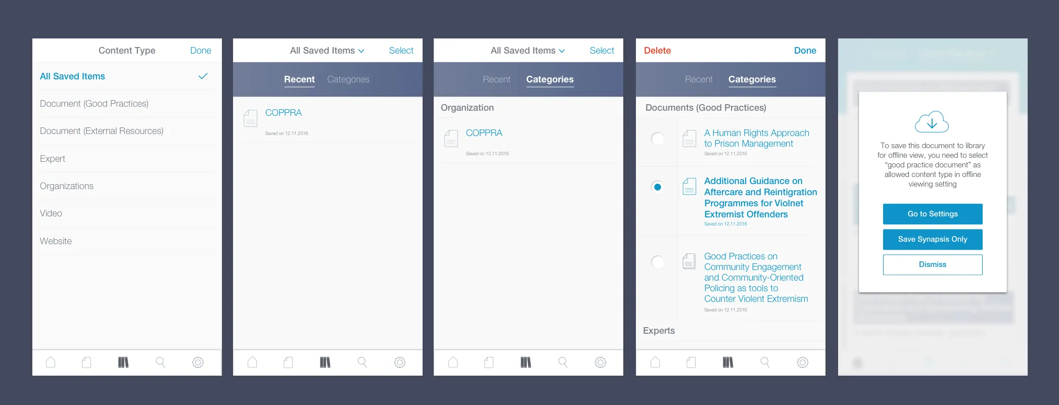 Library screens: saved items filtered by content type and category, with a dialog explaining offline-viewing settings for good-practice documents