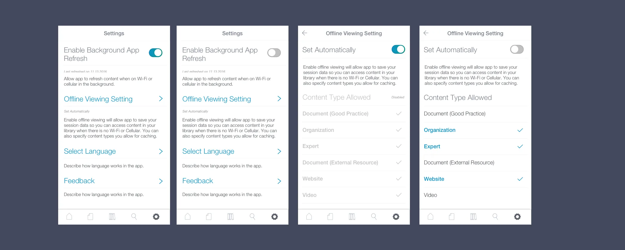 Settings screens: background app refresh, and offline-viewing content types set automatically or chosen manually