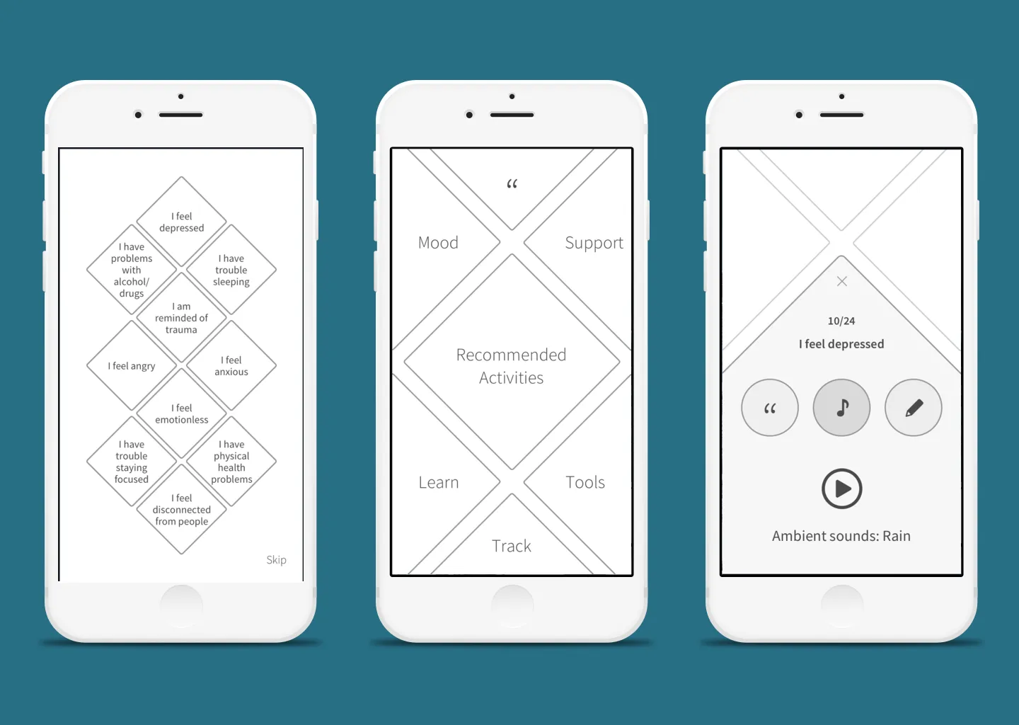 Mosaic concept wireframes: concerns arranged as diamond tiles, a mosaic-grid home screen, and an activity view with ambient sounds