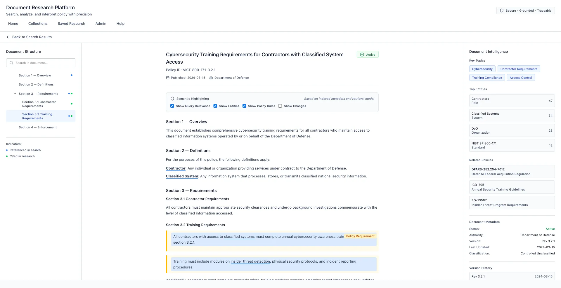 Document viewer with structure navigation, semantic highlighting of policy requirements, key topics, entities, related policies, and version history