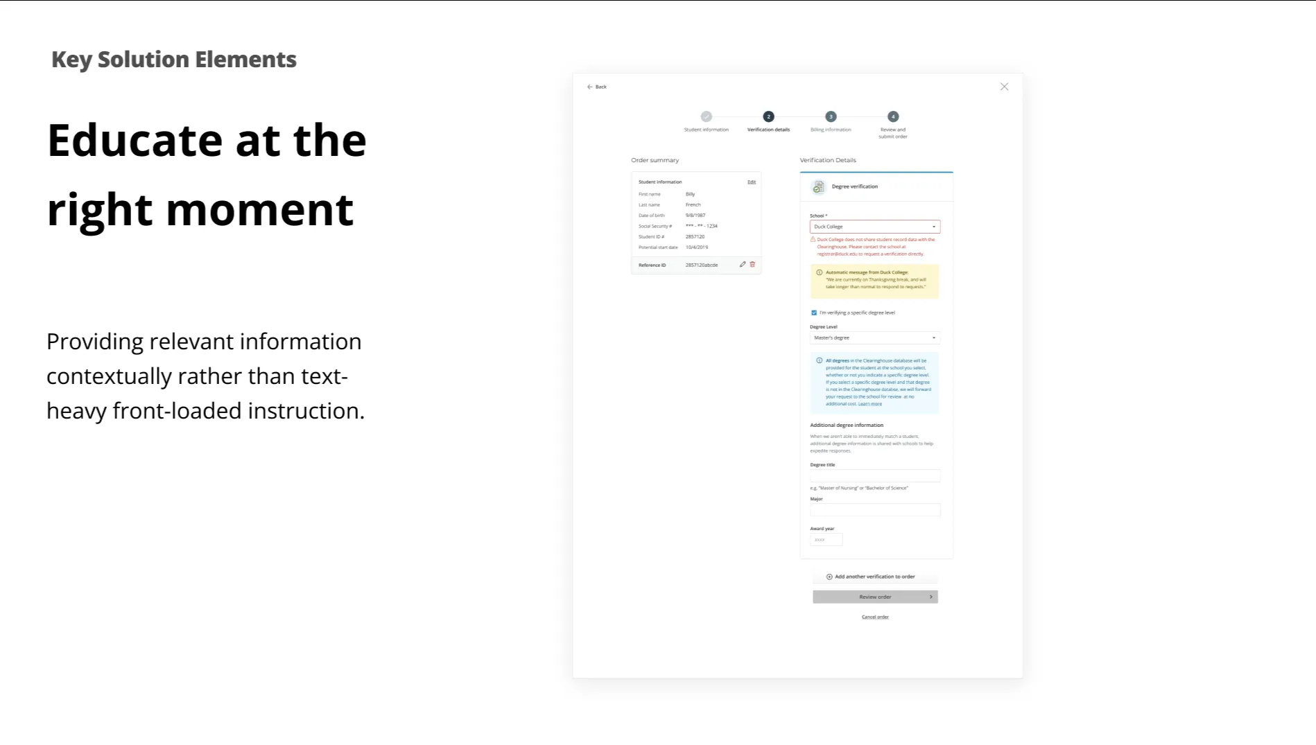 Slide: educate at the right moment — order flow with contextual guidance shown inline on the verification details step