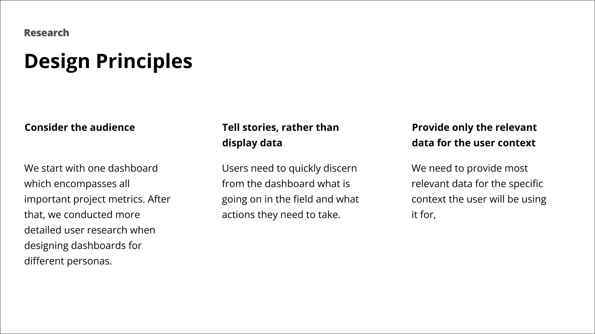 Slide: design principles — consider the audience, tell stories rather than display data, provide only context-relevant data