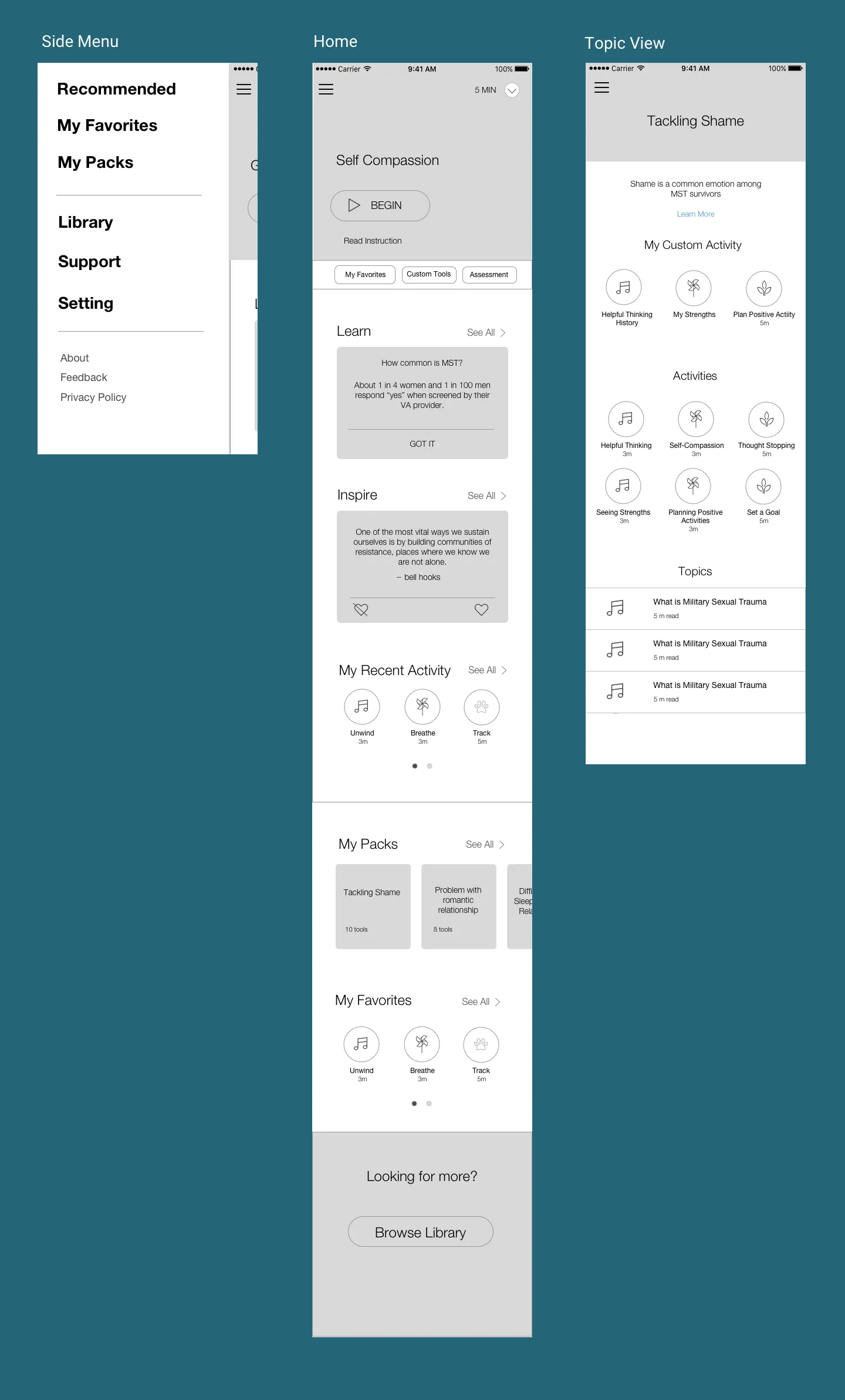 Second-iteration wireframes with conventional navigation: side menu, home screen with Learn and Inspire cards, and a Tackling Shame topic view