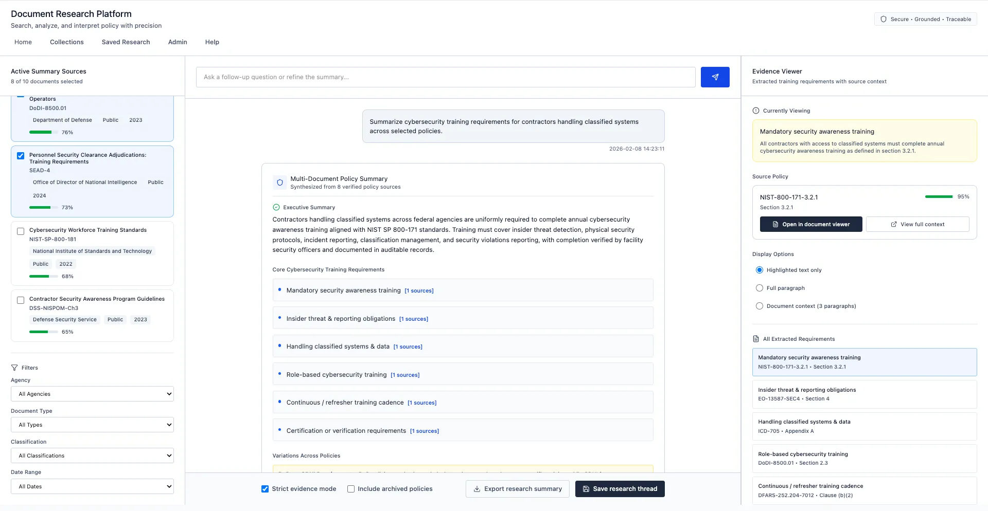 Multi-document policy summary with per-requirement source links, selectable source documents, and an evidence viewer of extracted requirements