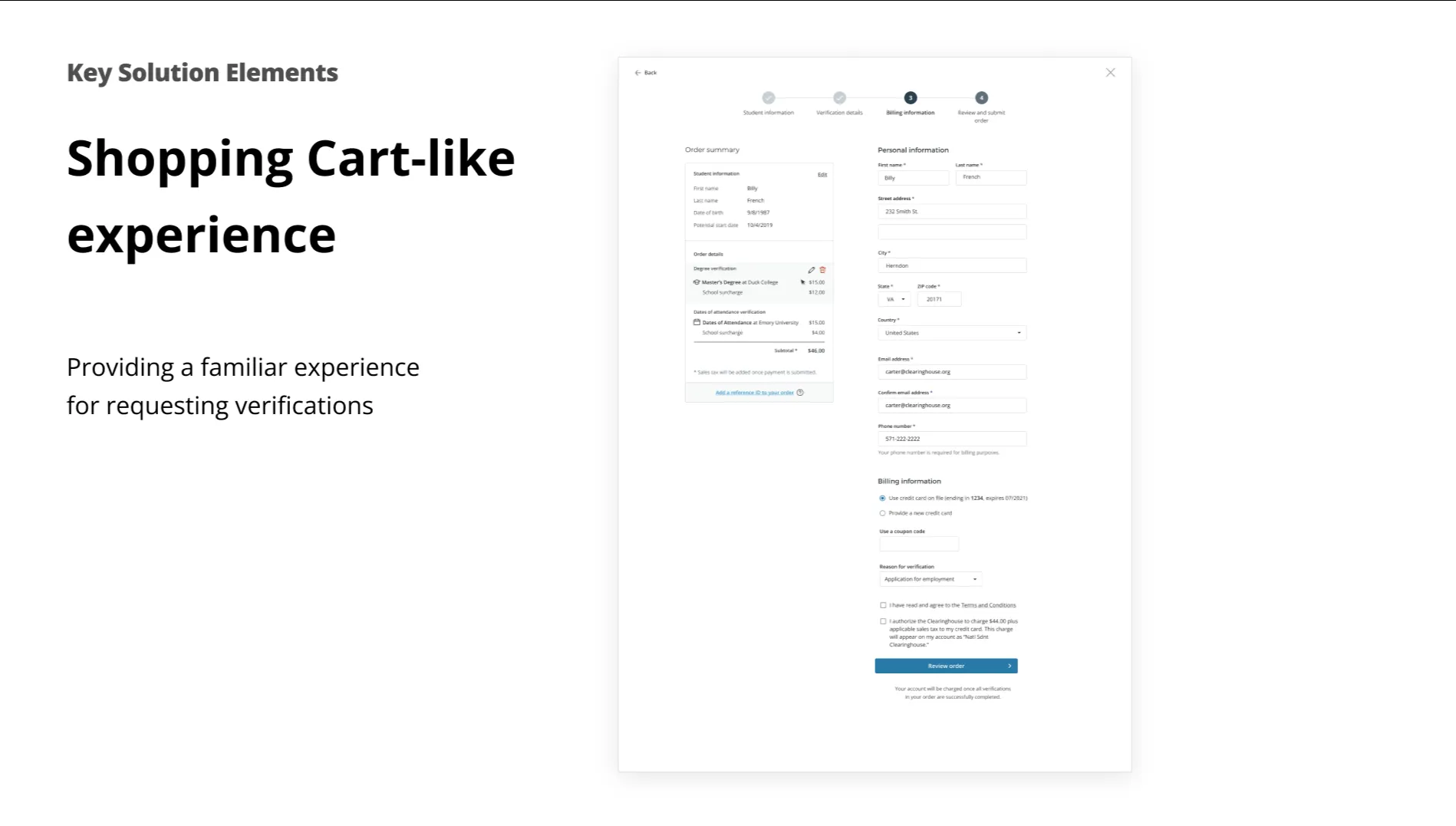Slide: shopping-cart-like experience — order summary beside the billing and personal information form