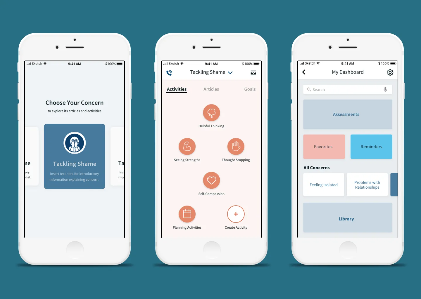 Third-iteration hybrid design: Choose Your Concern carousel, activity wheel for Tackling Shame, and a dashboard with assessments, favorites, and library