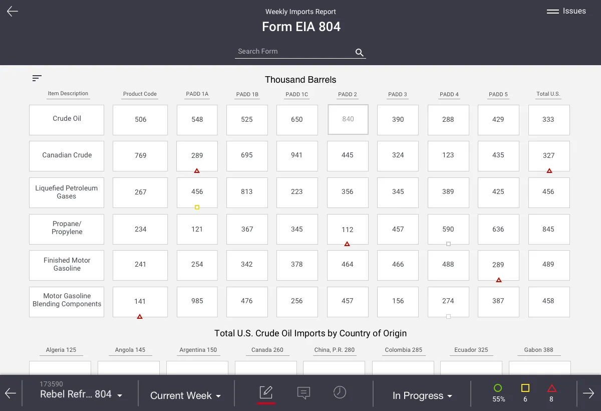 WSB report form with inline validation markers on individual cells, showing completion percentage and issue counts in the footer