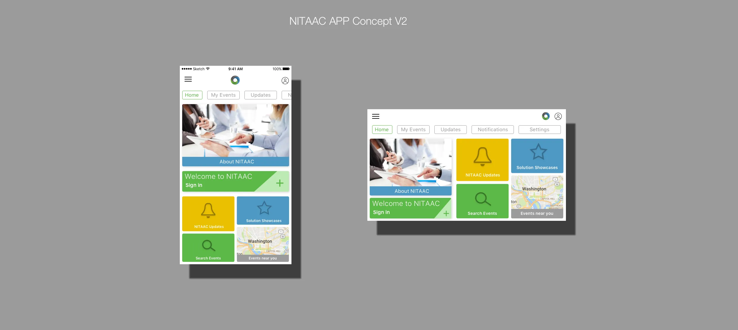 Concept V2: tile-style home screen with About NITAAC, Updates, Solution Showcases, Search Events, and Events near you — no tab bar