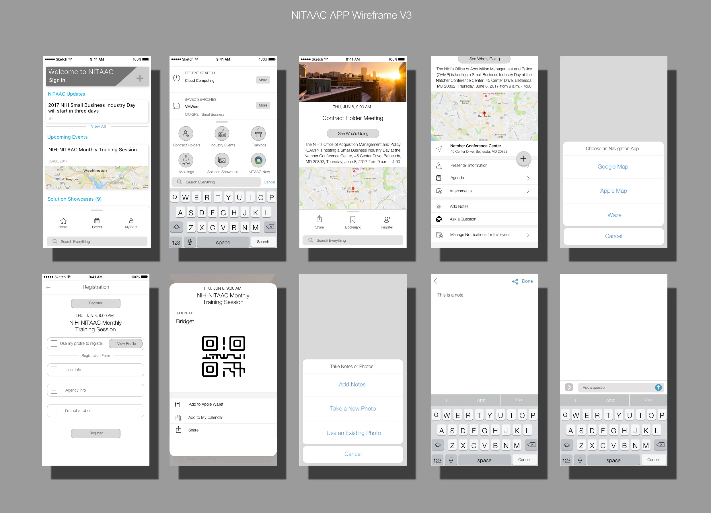 Wireframe V3: home feed with updates and events, universal search, event detail with map, registration form, and QR-code ticket