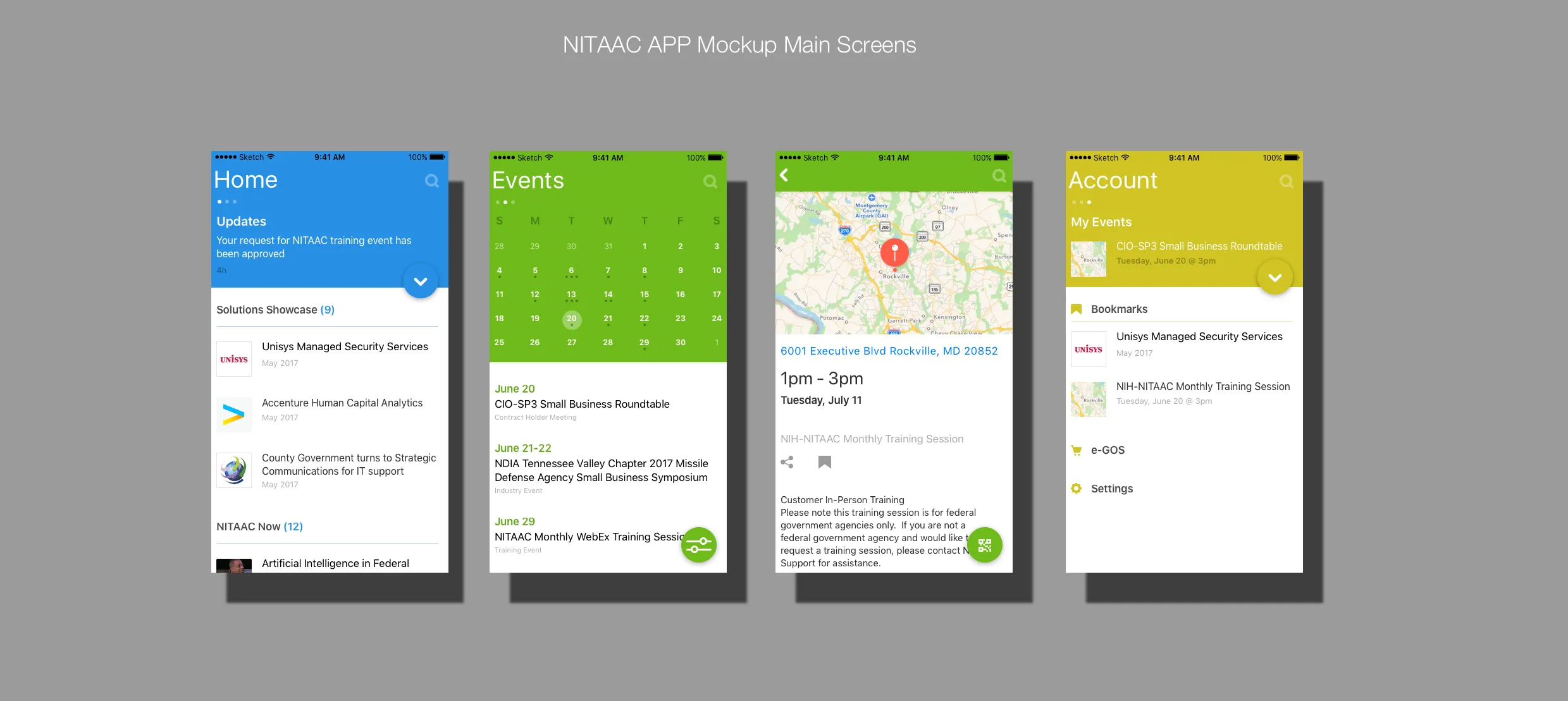 Final mockups: color-coded Home, Events calendar, event location map, and Account screens navigated by horizontal swipe