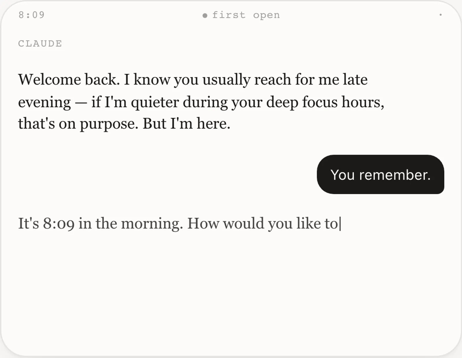 A phone concept mid-conversation: the assistant explains it stays quieter during deep focus hours, and the user replies “You remember.”